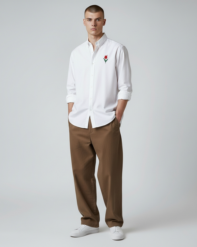 White Long-Sleeve shirt with Red Tulip Flower embroidery