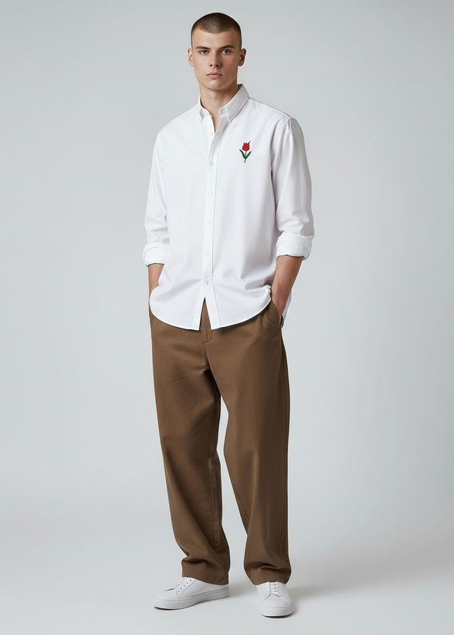 White Long-Sleeve shirt with Red Tulip Flower embroidery