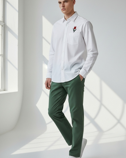 White Long-Sleeve shirt with Red Tulip Flower embroidery