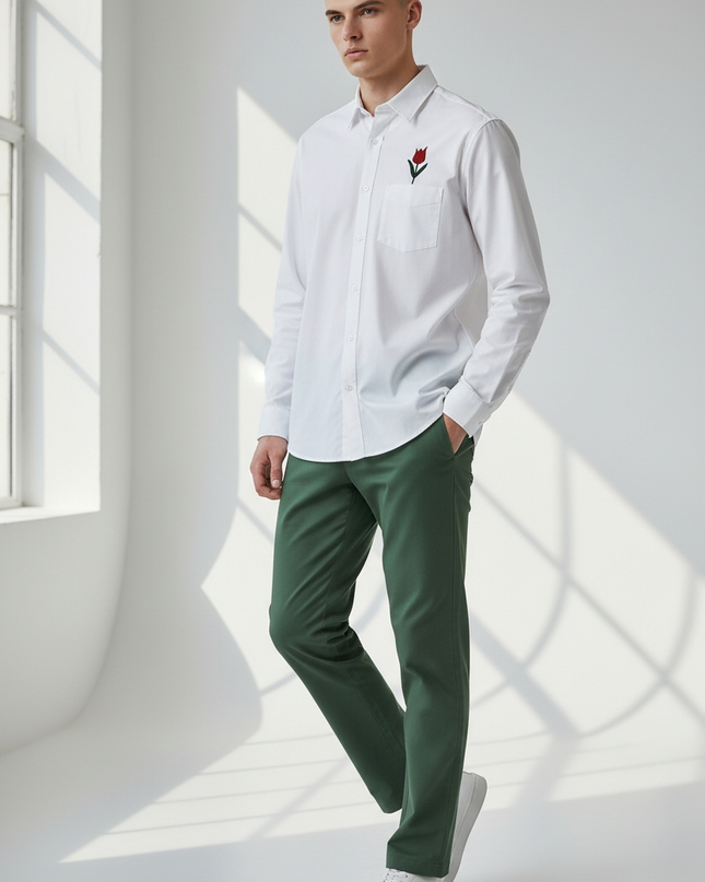 White Long-Sleeve shirt with Red Tulip Flower embroidery