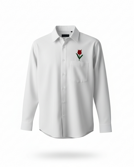 White Long-Sleeve shirt with Red Tulip Flower embroidery