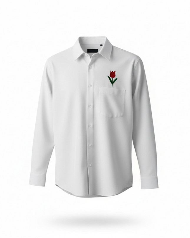 White Long-Sleeve shirt with Red Tulip Flower embroidery