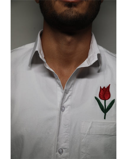 White Long-Sleeve shirt with Red Tulip Flower embroidery